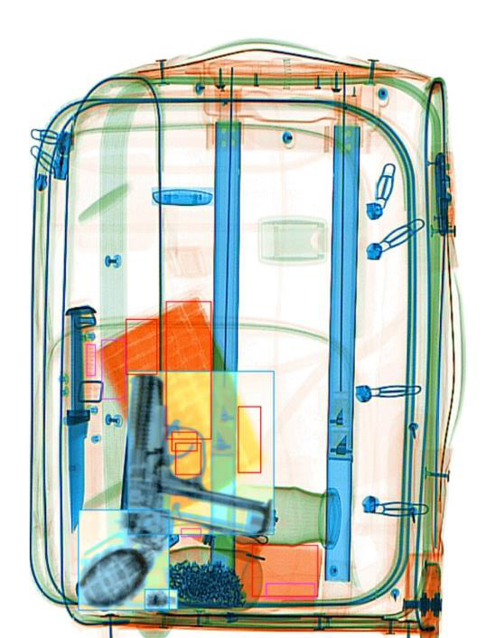 Рентгеновкое изображение багажа с автоматическим выделением подозрительных объектов.
